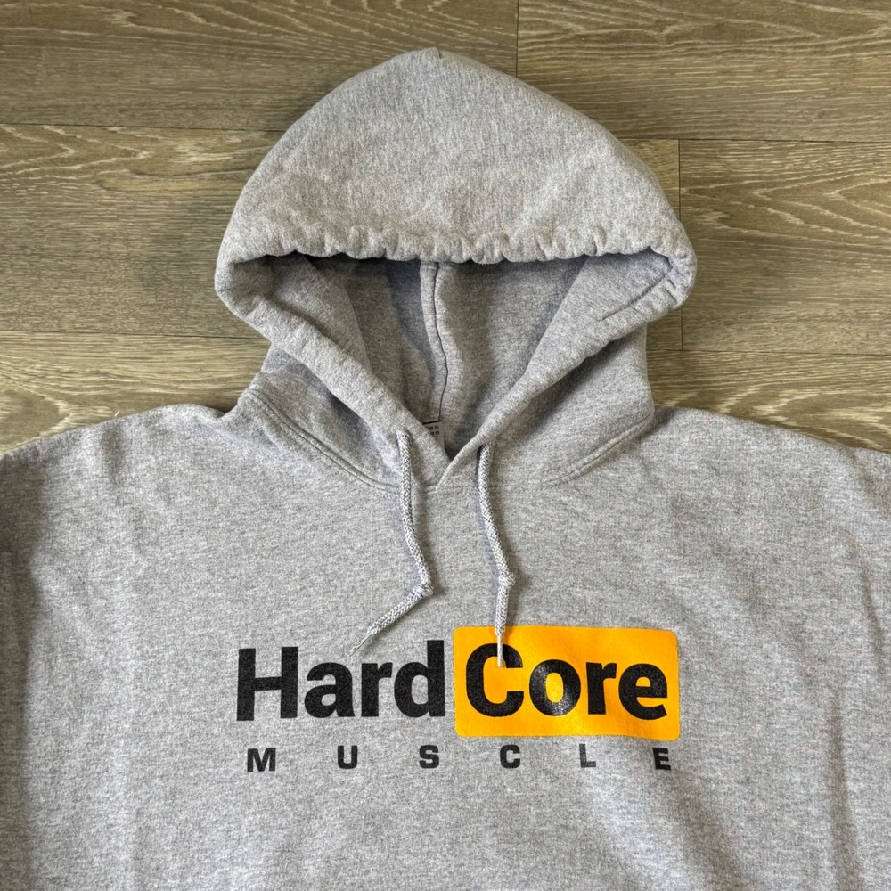 Hard Core Muscle Hoodie Gray Pullover Parody Bodybuilding Large